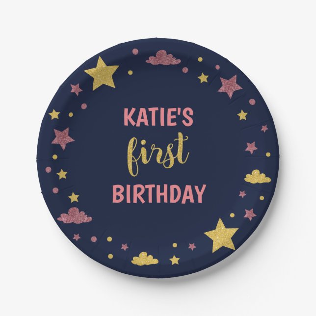 Prato De Papel Twinkle Little Star Primeiro Aniversário Azul Escu (Frente)