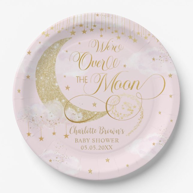 Prato De Papel Twinkle Little Stars Moon Pastel Pink Baby Shower (Frente)