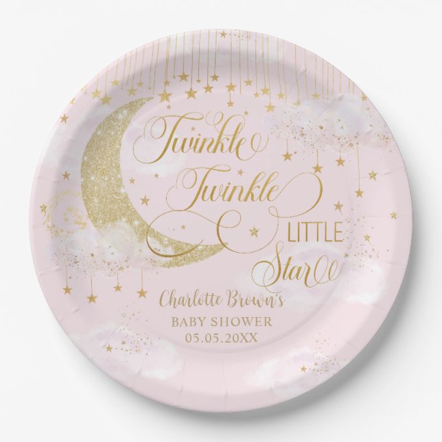Prato De Papel Twinkle Little Stars Moon Pastel Pink Baby Shower (Frente)