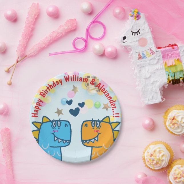 Prato De Papel Twins Dino Roar Festa de aniversário (Festa)