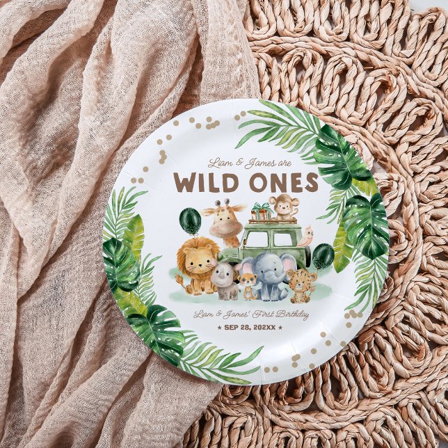 Prato De Papel Twins Wild One 1st Birthday Safari Animals (Criador carregado)