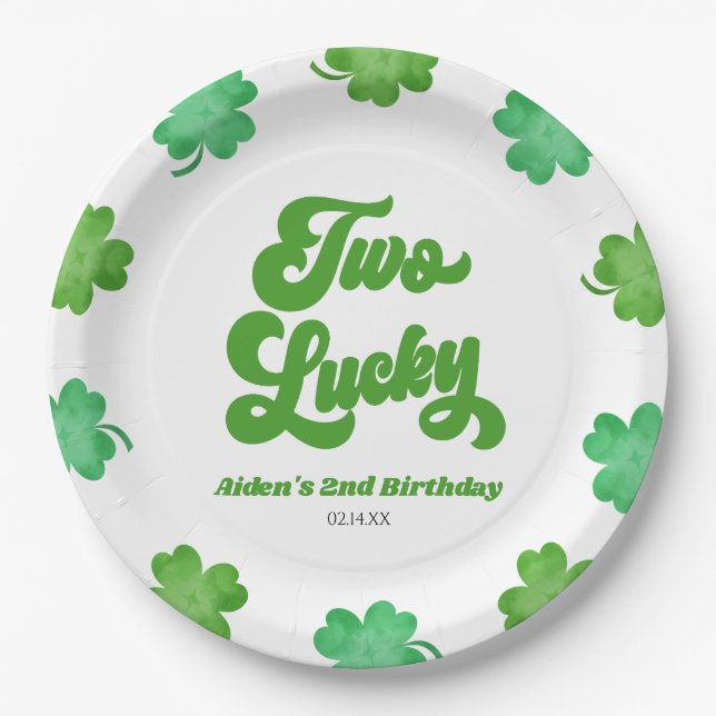 Prato De Papel Two Lucky Green Shamrock Clover Birthday Party (Frente)