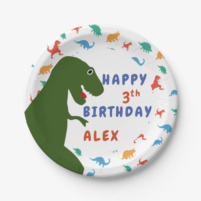 Prato De Papel Tyrannosaurus Feliz Aniversário Dinossauro Padrão (Frente)