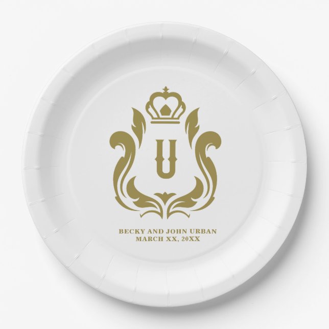 Prato De Papel U Monograma Dourado Crest (Frente)
