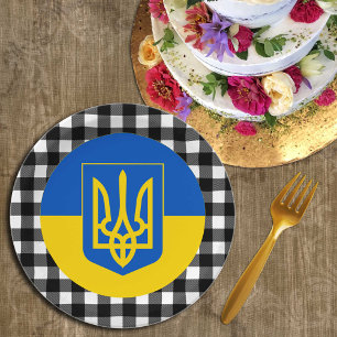 Prato De Papel Ucrânia Plate, xadrez de búfalos e bandeira ucrani