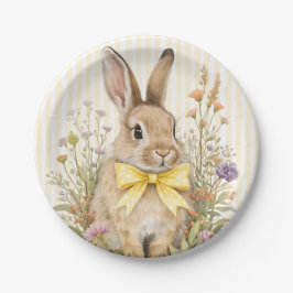 Prato De Papel Um adorável coelhinho floral com laço amarelo para