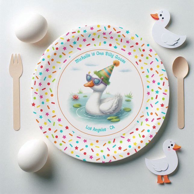 Prato De Papel Um Bobo ganha a primeira Festa de aniversário (One Silly Goose First Birthday Party Paper Plates)
