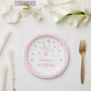 Prato De Papel Um Bobo ganso Primavera cor-de-rosa, primeiro aniv