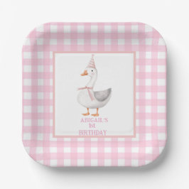 PRATO DE PAPEL UM BOBO GOOSE PINK GINGHAM PRIMEIRO ANIVERSARIO