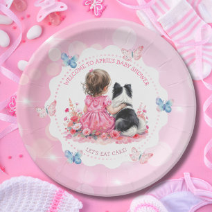 Prato De Papel Um Chá de Bebê de uma Menina e seu Cachorro
