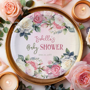 Prato De Papel Um Chá de fraldas De Garota Floral De Rosa