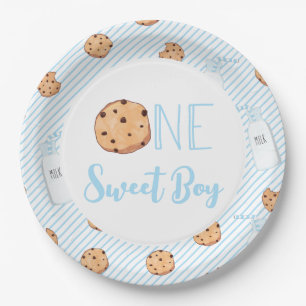 Prato De Papel Um Doce Menino Leite e Biscoitos azul Aniversário