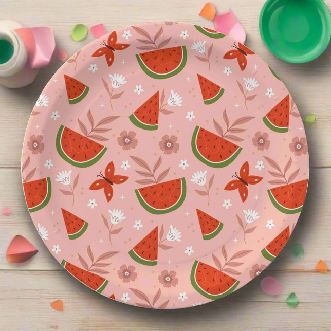 Prato De Papel Um em Melon Watermelon Butterflies Aniversário (Criador carregado)
