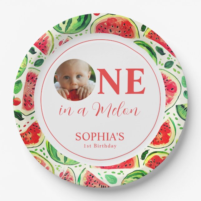 Prato De Papel Um Em Um Melão Foto Primeiro Aniversário (Frente)