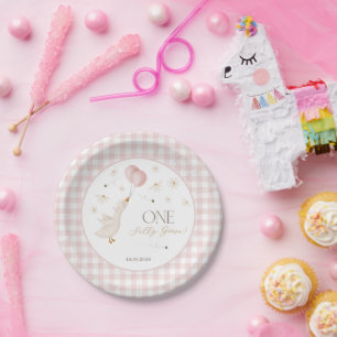 Prato De Papel Um Ganso Tolo Aniversário de 1 ano Meninas Xadrez