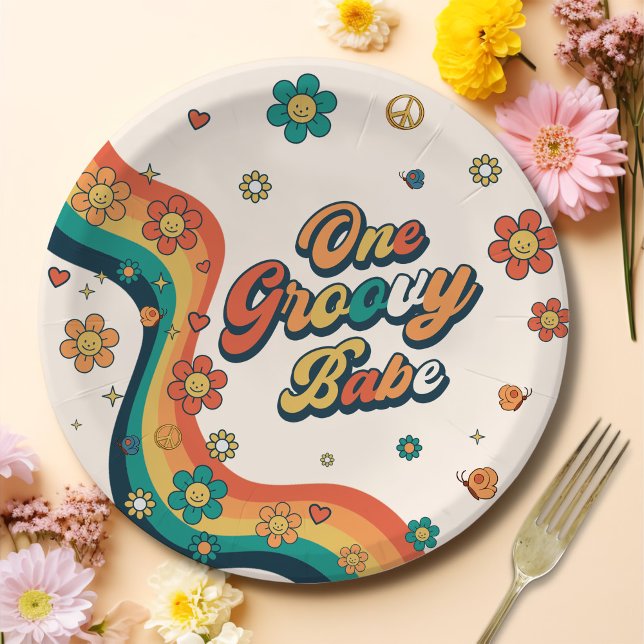 Prato De Papel Um Groovy Babe Retro primeiro aniversario Arco-Íri (Criador carregado)