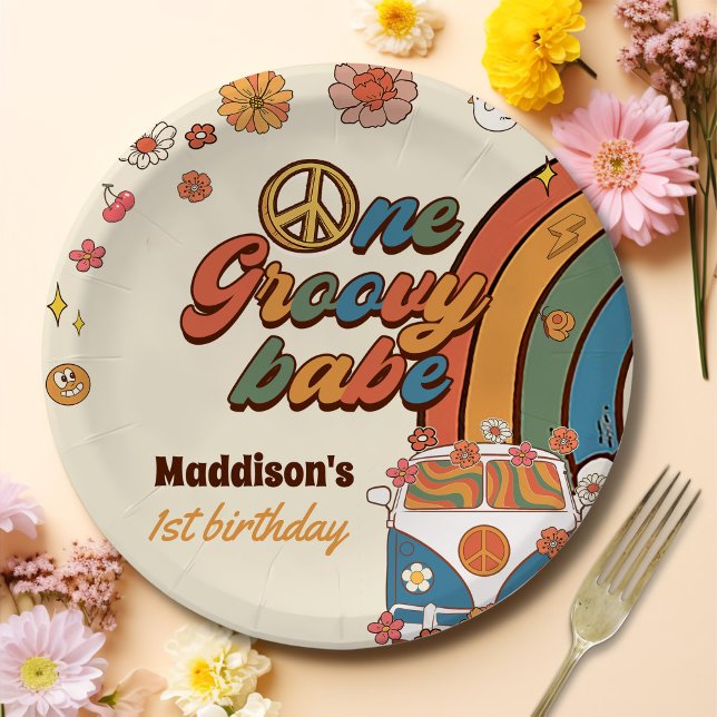 Prato De Papel Um Groovy Babe Retro primeiro aniversario Arco-Íri (Criador carregado)
