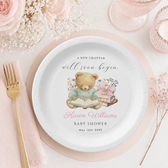 Prato De Papel Um Novo Capítulo Começa Urso & Livros (Elegant "A new chapter will soon begin" Baby Shower girl paper plates)