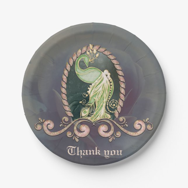 Prato De Papel Um pavão majestoso em ouro e verde (Frente)