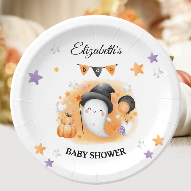 Prato De Papel Um Pequeno Boo está prestes a chegar ao Chá de fra (A Little Boo is almost due Halloween Baby Shower Paper Plates)