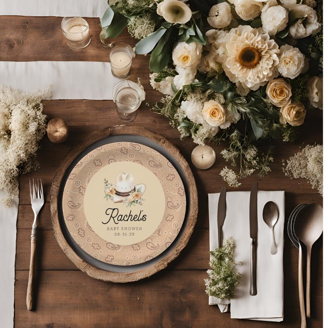 Prato De Papel Um Pequeno Cowboy Western Baby Paper Plates (A Little Cowboy is on his way Baby Shower Paper Plates)