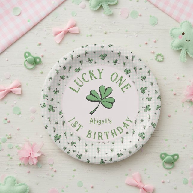 Prato De Papel Um primeiro aniversario Irlandês, Rosa e Verde (Lucky One Green Shamrock Four Leaf Clover 1st Birthday Paper Plates. Irish St Patrick's Day Party)