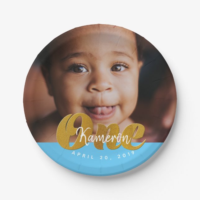 Prato De Papel UM| Shimmer Dourado|Primeira Foto de Aniversário (Frente)