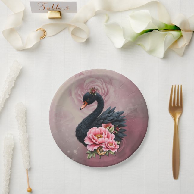 Prato De Papel Um toque de rosa e brilho de cisne. (Casamento)