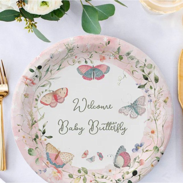 Prato De Papel Uma Borboleta Bebê Está A Caminho De Chá de fralda (Criador carregado)