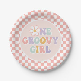 Prato De Papel Uma garota da Groovy, Pink Daisy Checker