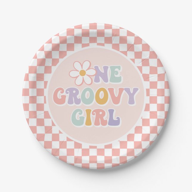 Prato De Papel Uma garota da Groovy, Pink Daisy Checker (Frente)
