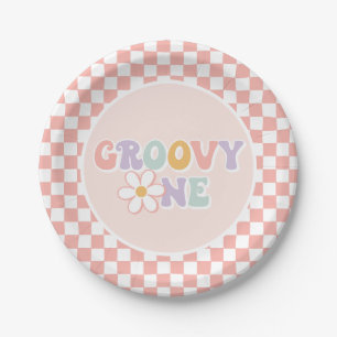 Prato De Papel Uma garota da Groovy, Pink Daisy Checker