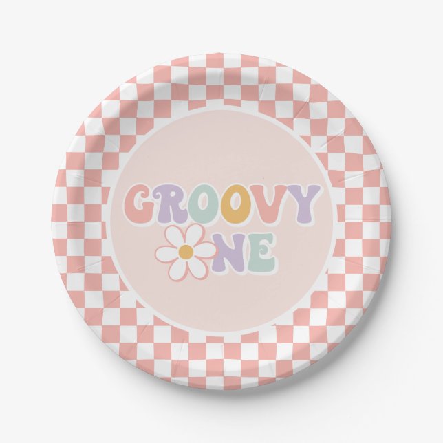 Prato De Papel Uma garota da Groovy, Pink Daisy Checker (Frente)