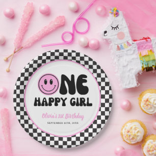 Prato De Papel Uma garota feliz rosa feliz aniversário