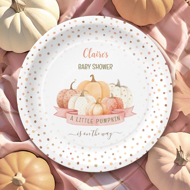 Prato De Papel Uma Pequena Abóbora Está A Caminho Do Chá de frald (A Little Pumpkin Is On The Way Girl Baby Shower Paper Plates)