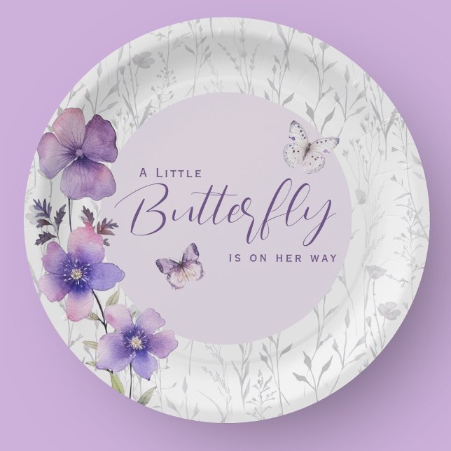 Prato De Papel Uma Pequena Borboleta Chá de fraldas Puro Boho (A Little Butterfly Baby Shower Purple Boho Paper Plates)
