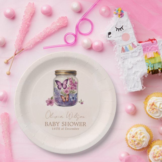 Prato De Papel Uma pequena borboleta num chá de fraldas floral de (Festa)