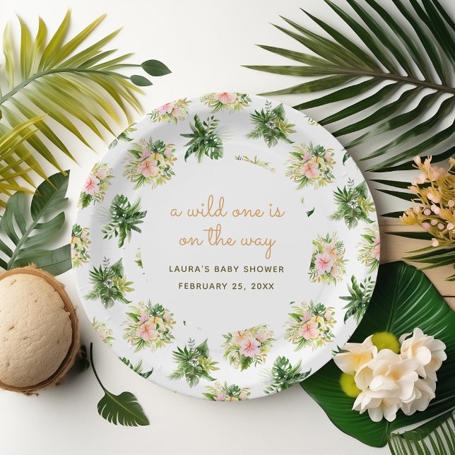 Prato De Papel Uma Selvagem Está No Caminho Da Chá de fraldas Da  (watercolor tropical flowers and leaves on a paper plate for a wild one baby shower celebration)