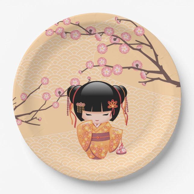 Prato De Papel Ume Kokeshi Doll - Rapariga Peach Geisha Japonesa (Frente)