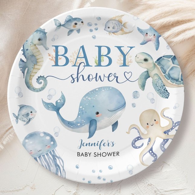 Prato De Papel Under The Sea Baby Shower Boy Blue Ocean (Criador carregado)