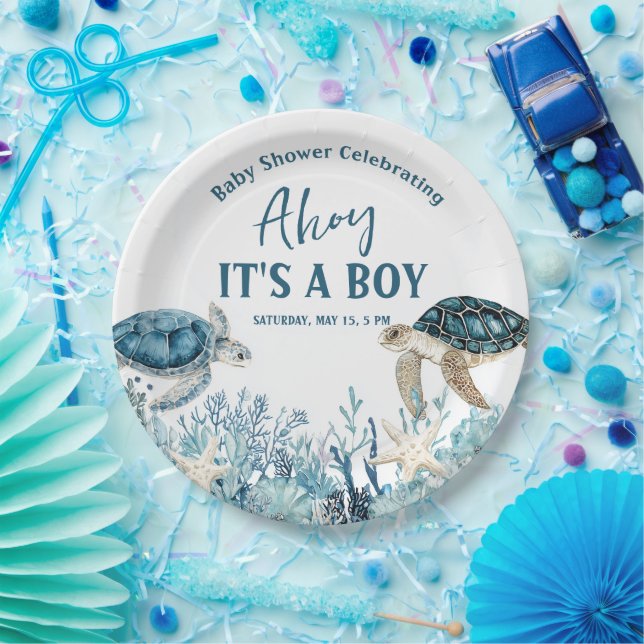 Prato De Papel Under the Sea Blue Ahoy It's a Boy Baby Shower (Festa)