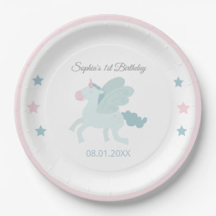 Prato De Papel Unicorn Fofo Rosa Azul Obrigado Aniversário