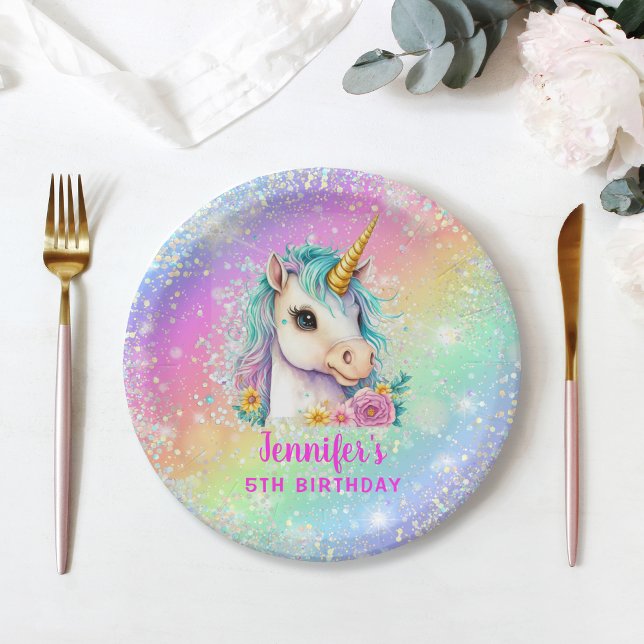 Prato De Papel Unicorn Rainbow Sparkle Birthday (Criador carregado)