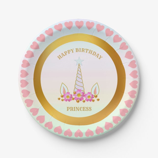 Prato De Papel Unicórnio, Flores, Corações e Pontos Dourados (Frente)