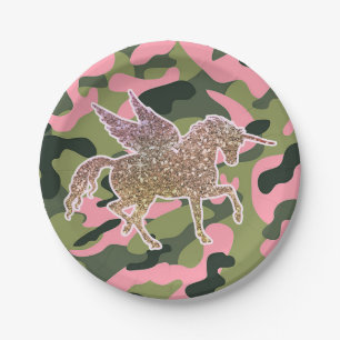 Prato De Papel Unicórnio Rosa Verde Camo Camuflagem & Dourado Bri