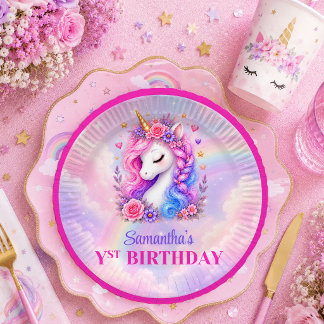 Prato De Papel Unicórnio Sonhador Rosa Roxo Menina Mágica Anivers