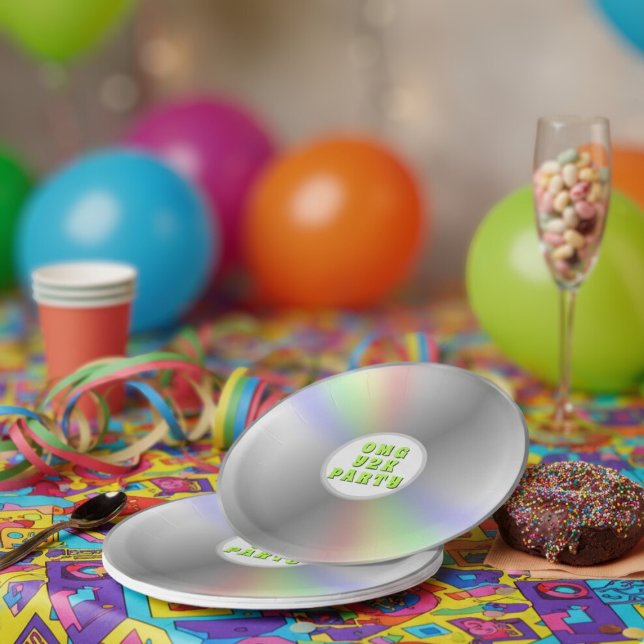 Prato De Papel Unidades de papel de parceiros Y2K para CD de músi (Fun music cd inspired paper plate for your retro 2000s party. Add your text!)
