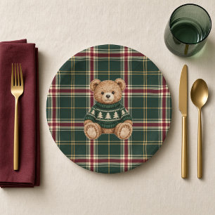 Prato De Papel Ursa de Inverno Elegante Xadrez Verde Aniversário