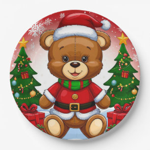 Prato De Papel Ursa Teddy Adorável em Traje de Papai Noel