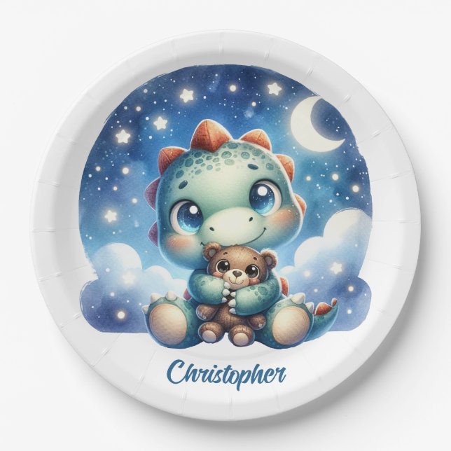 Prato De Papel Ursinho abraçado de bebê dino bicho-da-água (Frente)